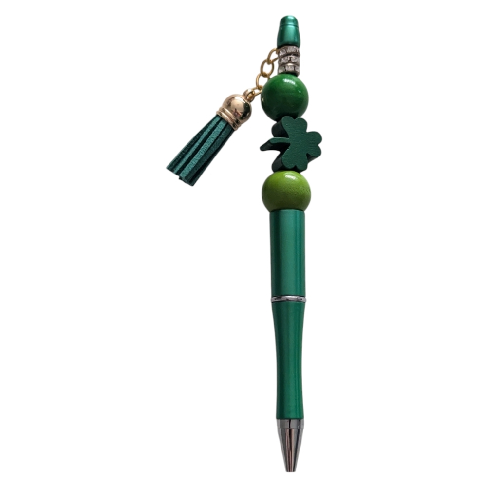 Hand crafted Beaded Pen green Tassel shamrock Charm H -016